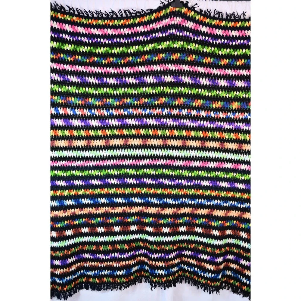Vintage Handmade Crochet Afghan Blanket Multi Color Rainbow Stripe Fringe 55x57